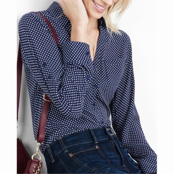 Express Portofino Slim Fit Navy Polka Dot Shirt - Picture 2 of 10